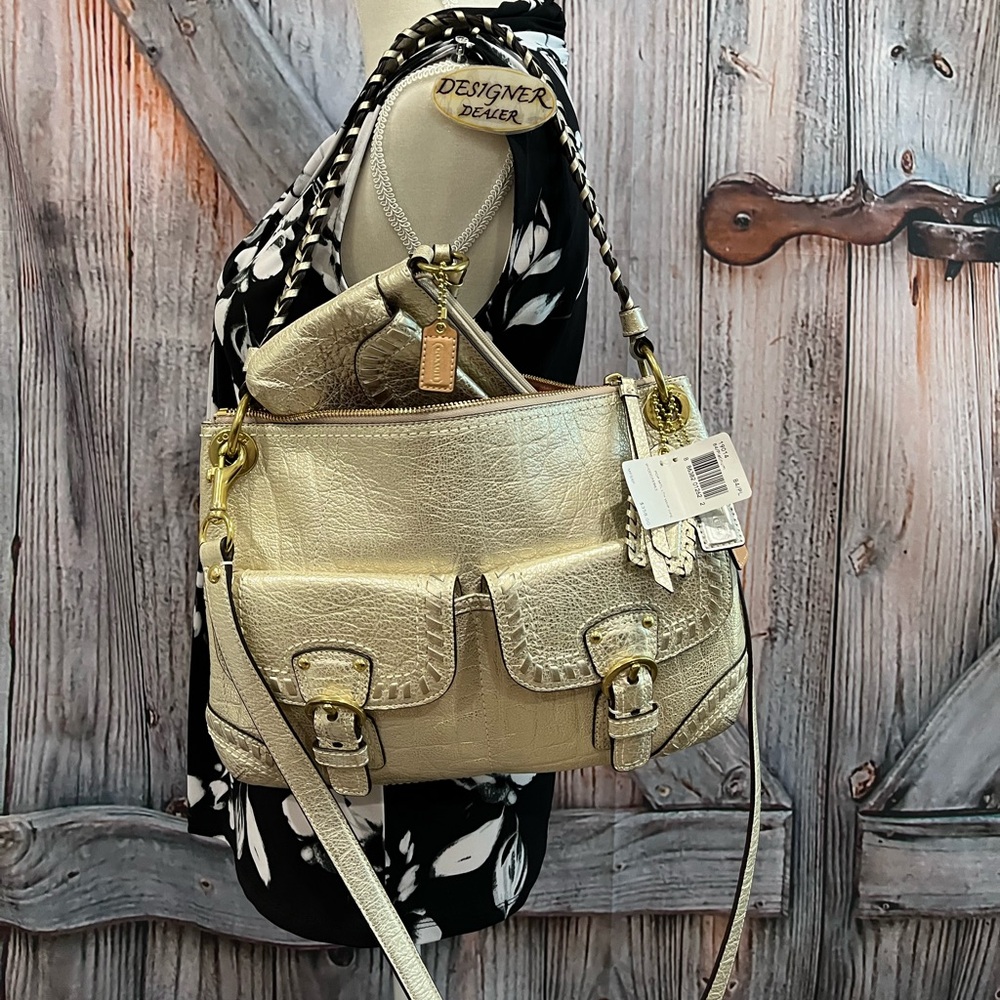 COACH Poppy Metallic Leather Whipstitch Hippie 19014 NWT + Wristlet RARE!